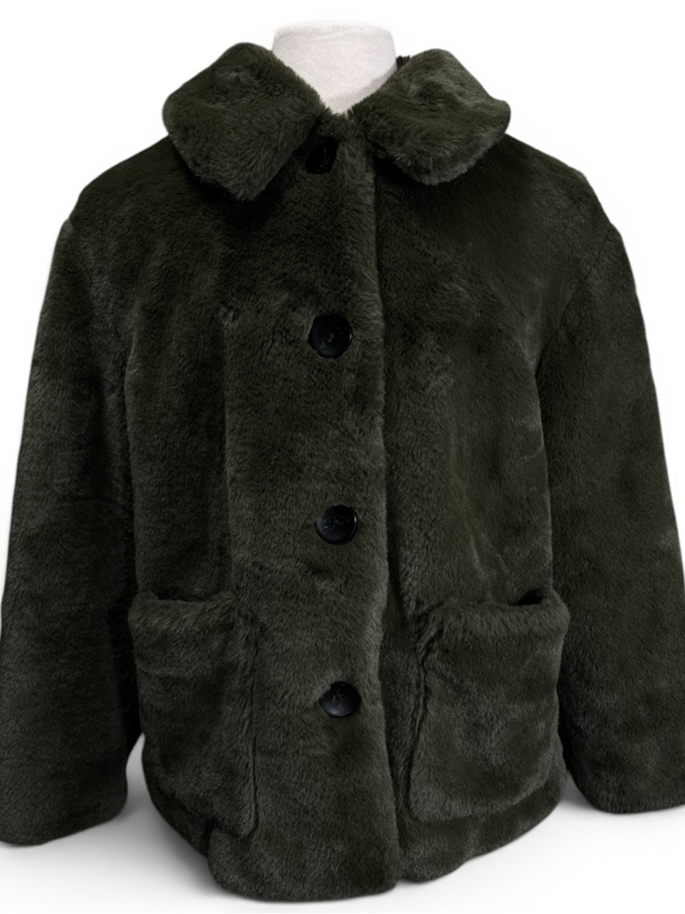 M&S Collection Khaki Green Faux Fur Jacket Coat Size US 14 (UK 18) Button Front